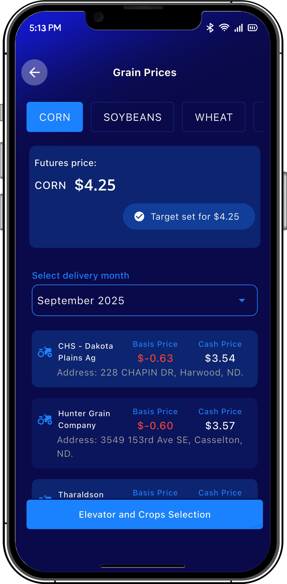 Farmer app grain markets screen with grain futures and local elevator bids side by side.