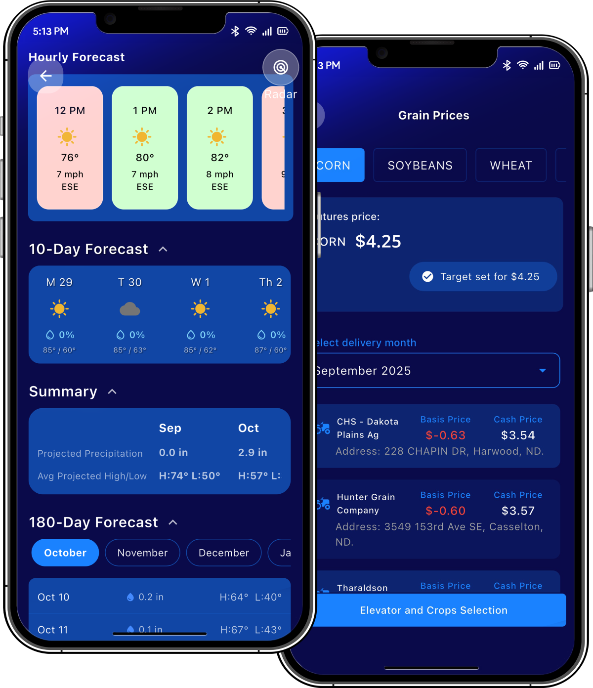Two smartphones displaying the QA Farmer app with weather forecasts and grain prices, showing features like hourly temperature, 10-day outlook, and corn futures price tracking.